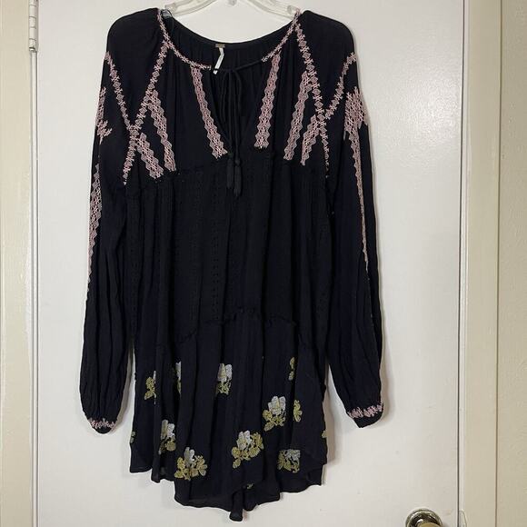 NWOT Free People Lined Wild Horses Mini black embroidered floral boho Dress US S - Picture 2 of 7